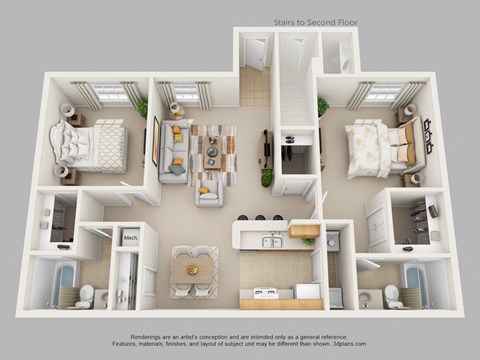 Floor plan for 2 beds, 2 baths, 1088 sqft